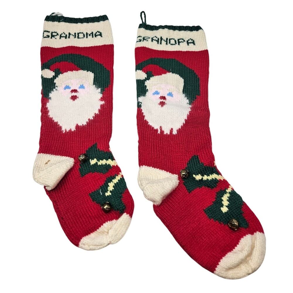 2 Vintage 60s Handmade Knit Christmas Stockings Grandma Grandpa Santa Wool